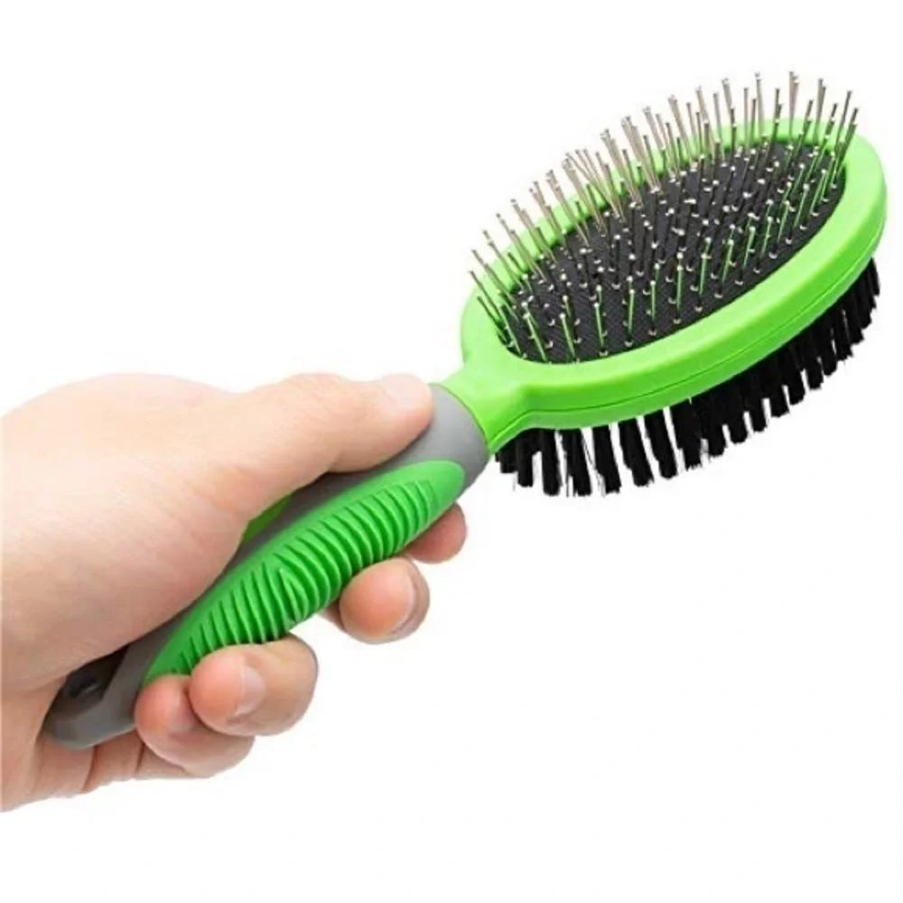 Dog Brush for Shedding Two Sided Lime Green Rubber Grip 2 in 1 Pet Brush